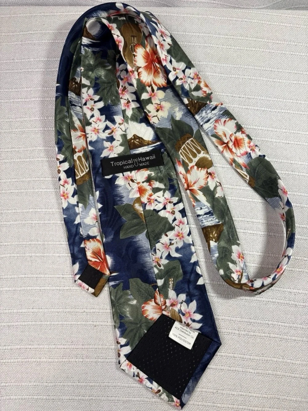 Tropical Hawaii Hawaiian Necktie Floral Ukulele Navy Blue OS EUC
